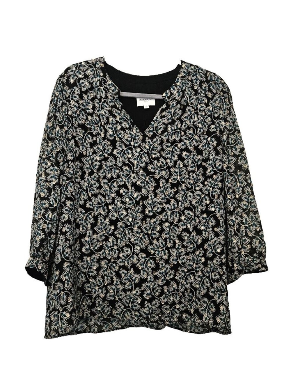 Maison 123 Paris Black Teal & Silver V-neck Blouse Top 44 F US 12